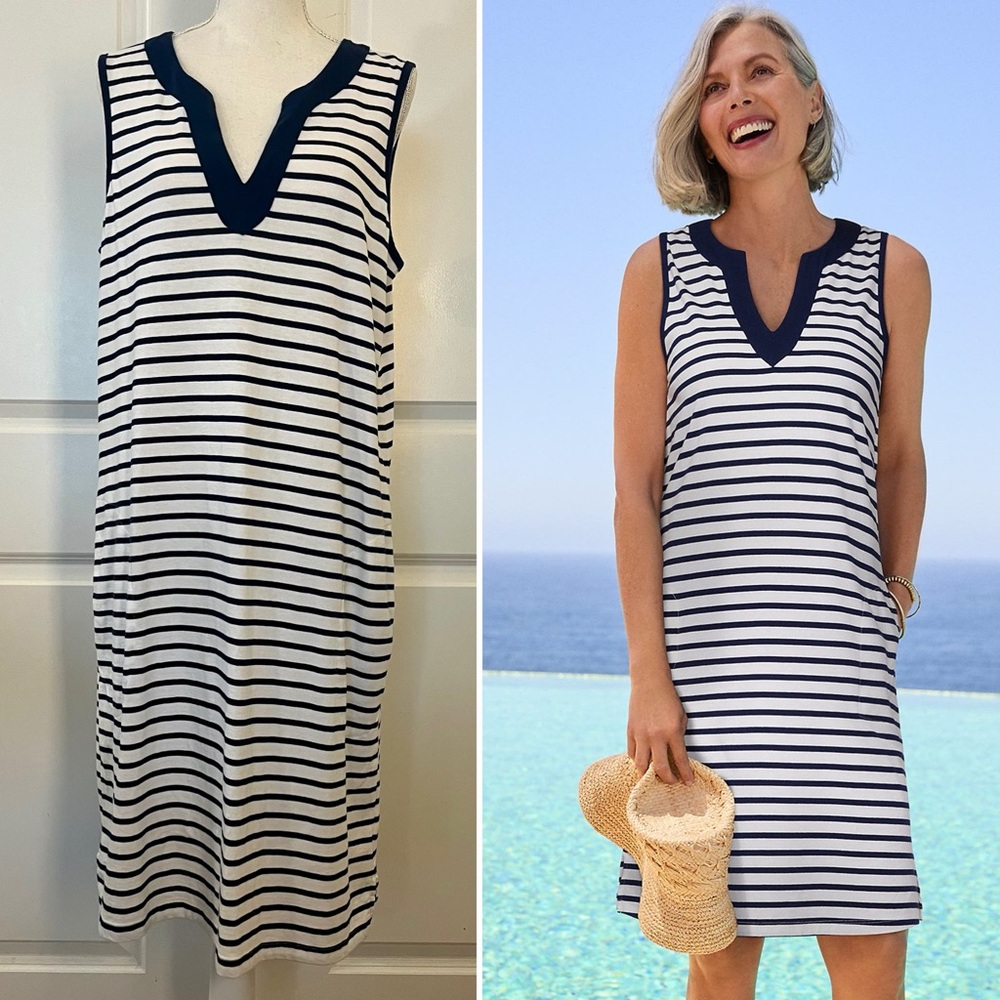 Lands’ End Beach Swim Cover-up Dress White & Navy Blue Stripe Cotton Jersey LG